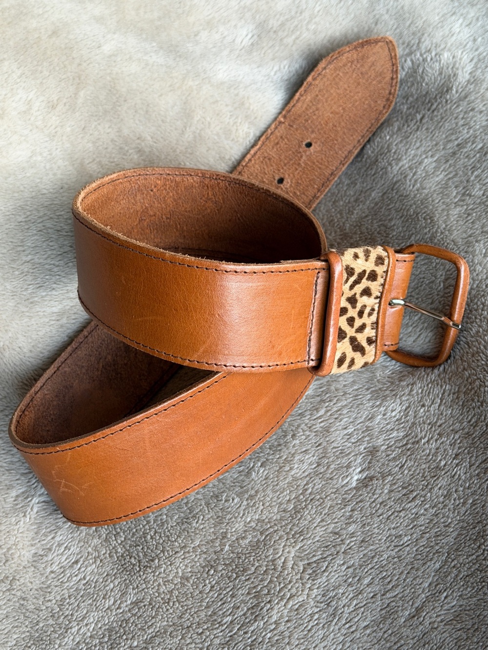 Morgan taylor cognac brown Leather Belt with Leopard Accent